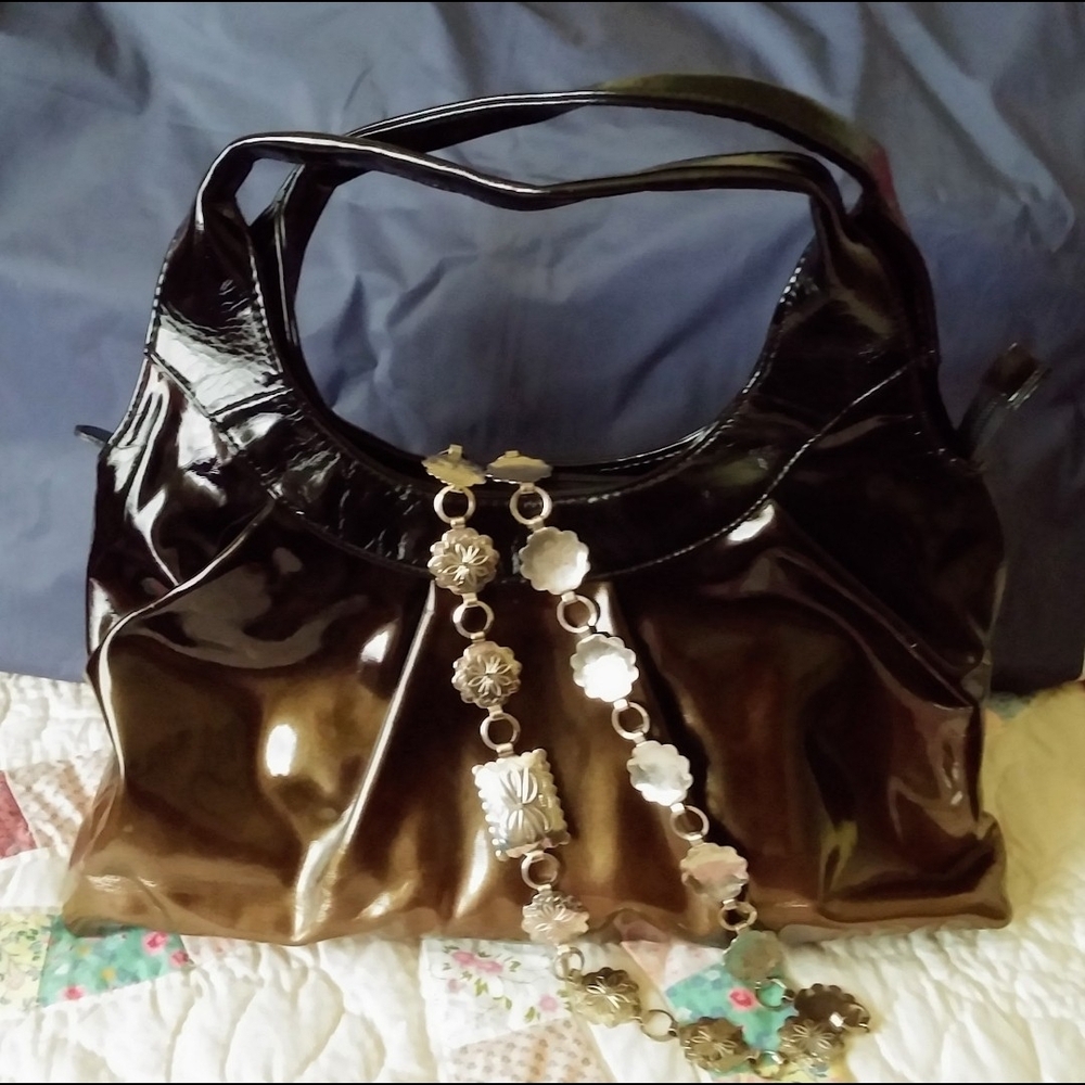 #540 Fashion Express- Black and Brown Patten Leather Handbag Bag